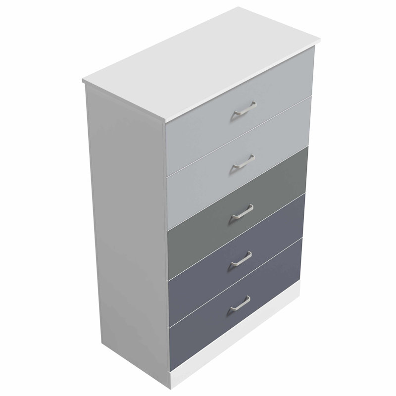 Commode 5 tiroirs Allyannah, Blanc, gris pierre, gris froid, hibou couche-tard