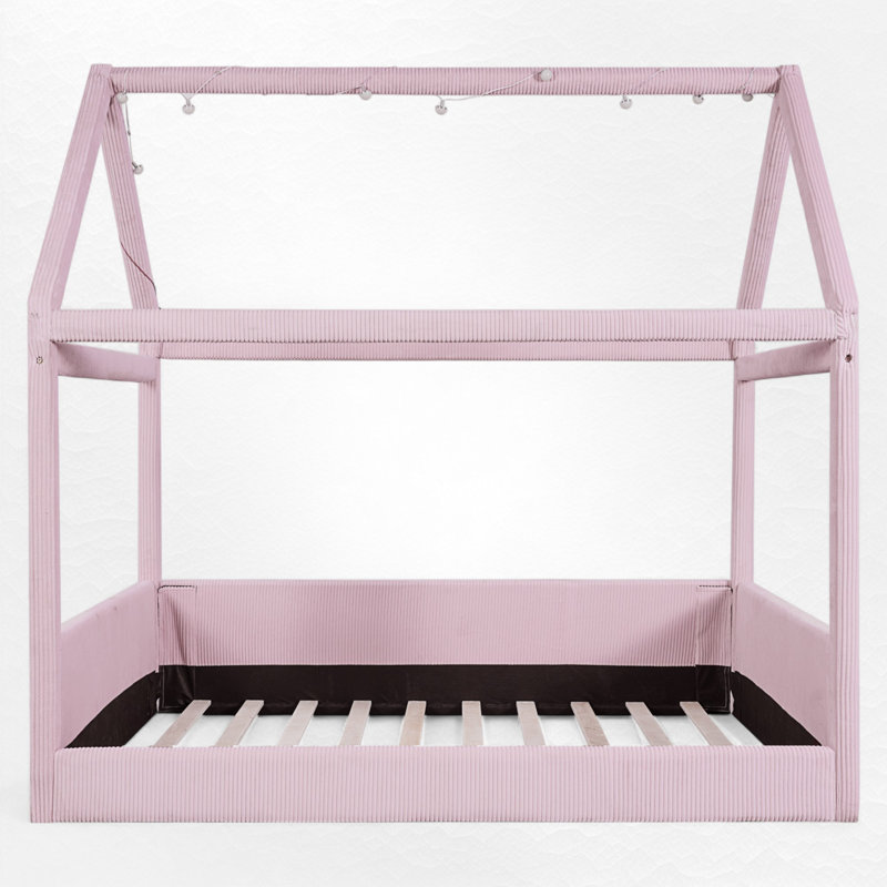 Full Size Upholstered House Platform Bed With LED Light, Pink