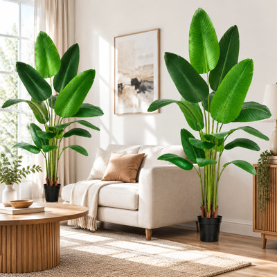 Lot de 2 arbres artificiels Oiseau de Paradis de 1,80 m – Plante réaliste à feuilles de bananier artificielles (18 feuilles chacune), pot tressé inclus, décoration verte intérieure et extérieure
