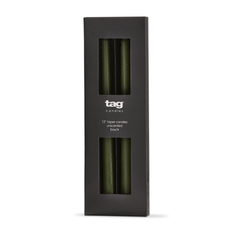 Olive Green 12" Unscented Paraffin Wax Taper Candles, Set of 4