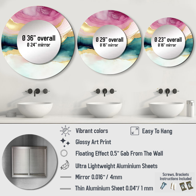 Pressoir abstrait Geode Marble Waves Pink III - miroir mural décoratif moderne, 23 po x 23 po