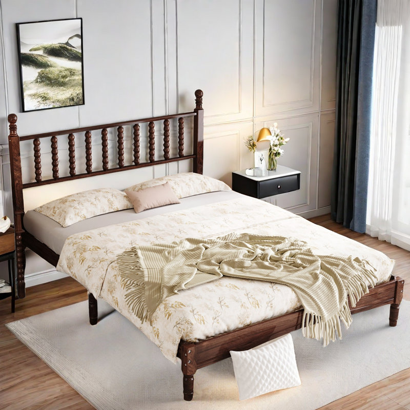 Lit plateforme en bois avec tête de lit en forme de gourde, style rétro et support en lattes de bois robuste pour un sommeil confortable