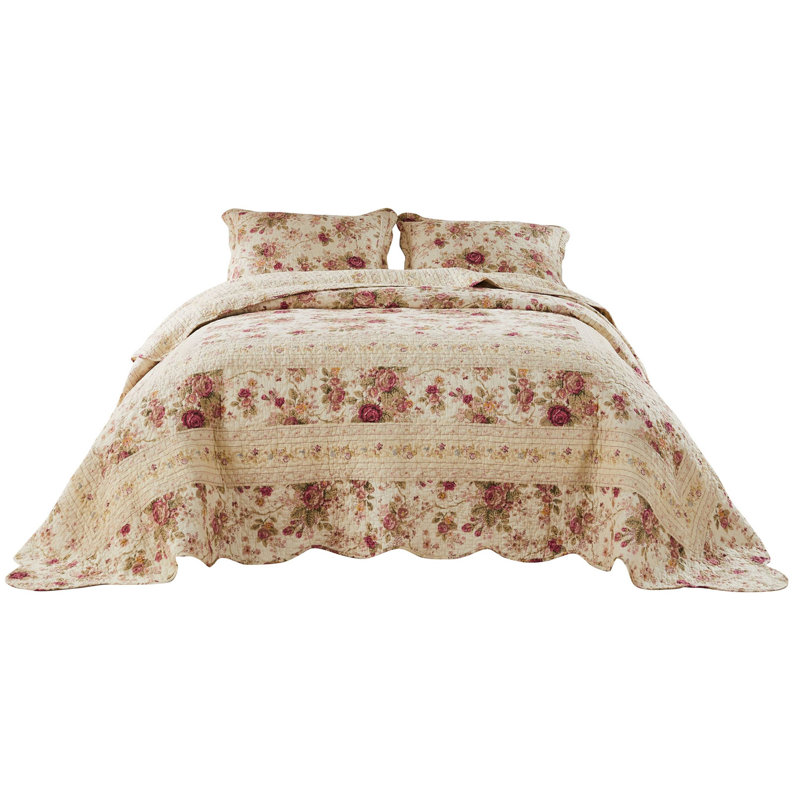 Queen Pink Floral Cotton Reversible Bedspread Set