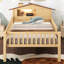 Lit simple avec tête de lit en forme de maison, rangement intégré et plateforme en bois rustique et naturelle