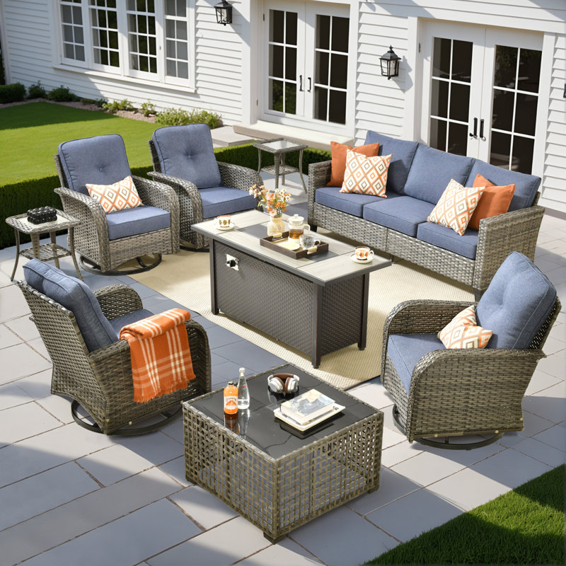 Jordanlee 7- Person Outdoor Seating Group With Rocking Swivel Chairs With Fire Pit Table, Blue