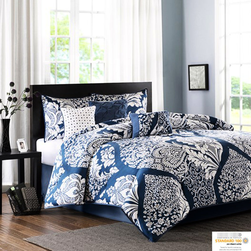 Édredon pour grand lit 7 pièces en indigo - Coussins décoratifs en coton avec bordure, Indigo