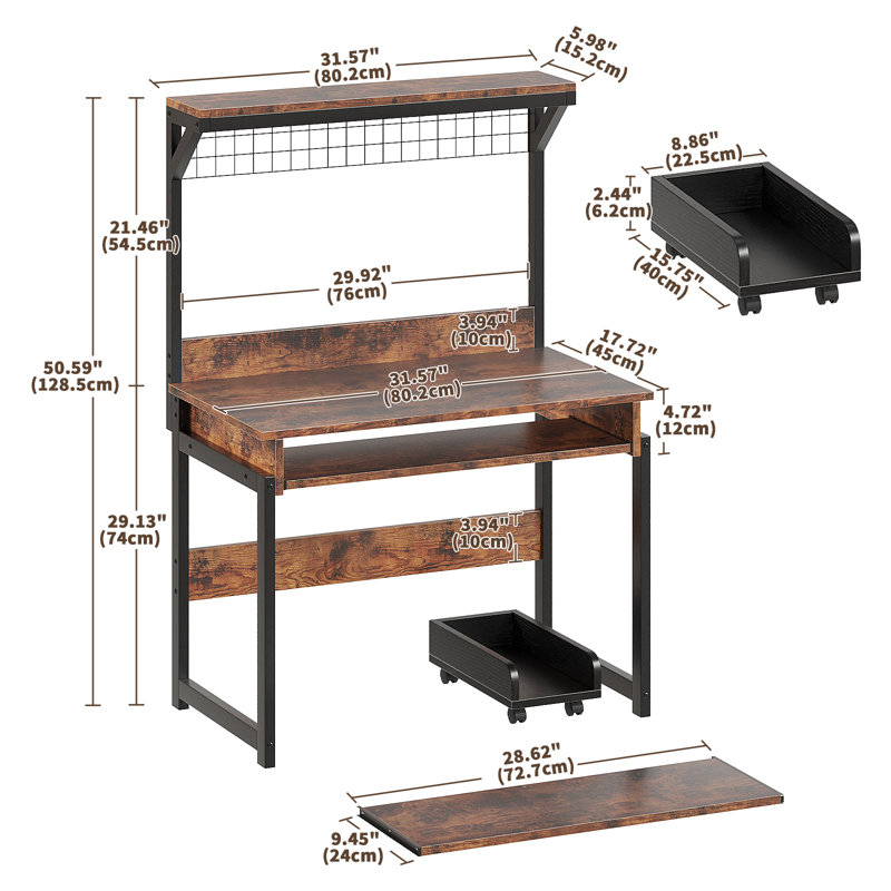 Bureau d'ordinateur 31,5 "avec huche, bureau peu encombrant, table d'étude, table de travail PC, Brun / noir