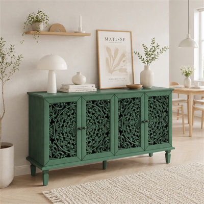 60" Antique Buffet Cabinet with Floral Carvings with Solid Wood Legs&Antique Brass Handles&Adjustable Shelves, TV Stand for 65''+ TV, Sideboard for Living Room,Dining Room