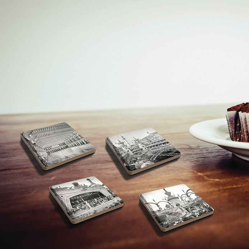 Historic Coney Island Stoneware Agate Ceramic Jute Leather Crystal Square Round 4 Piece Coaster Set