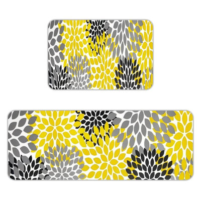 Yellow Grey Floral Burst Kitchen Rugs Set, 2-Piece Non-Slip Flannel Mats for Entryway