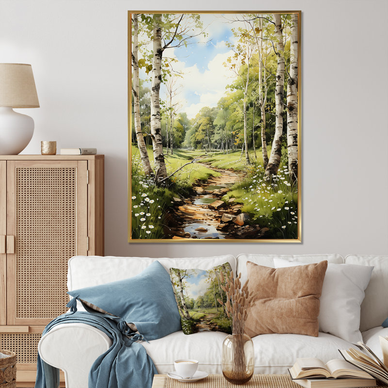 " Amercian Basswood Tree Forest III ", 32" H x 16" W x 1" D, Gold Floater Framed