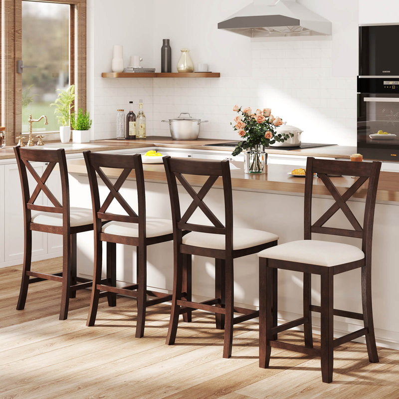Rubber Wooden Bar Stools  With Footrest Comfortable Linen Cushion, 4