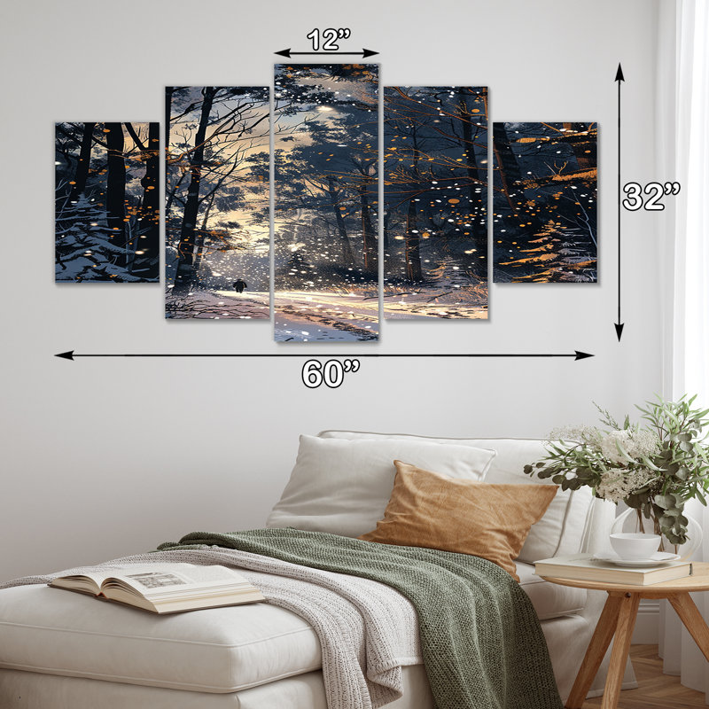 Chemin enneigé à travers la forêt d'hiver - ensemble d'art mural forêt 5 pièces, H 32 po x l 60 po