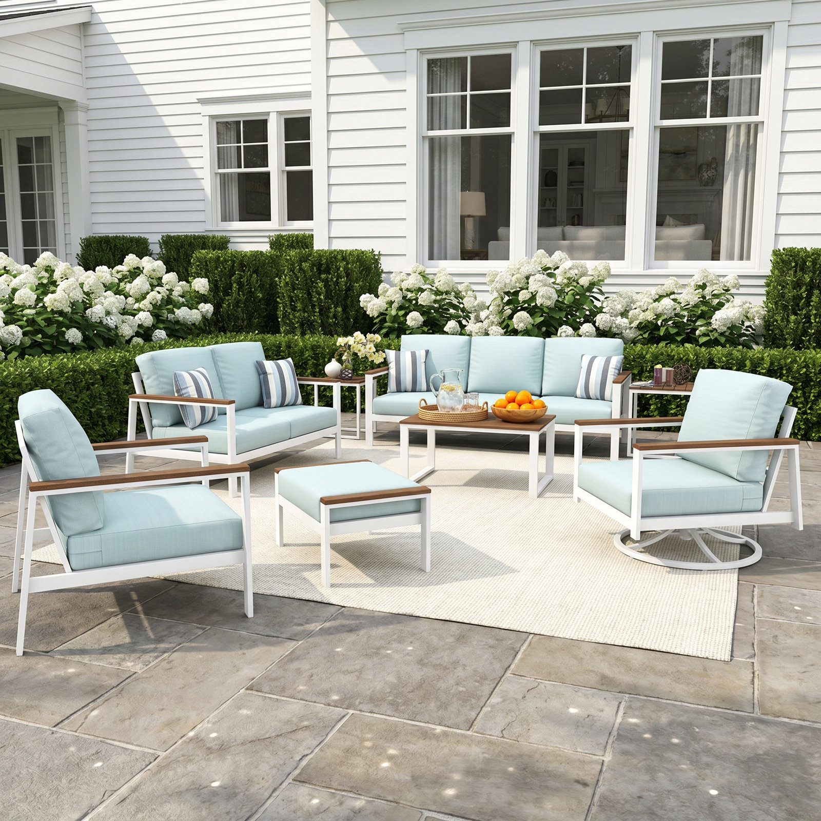 Townsend 7 Person Seating Group With Sunbrella Cushions, Bliss Dew, Brown