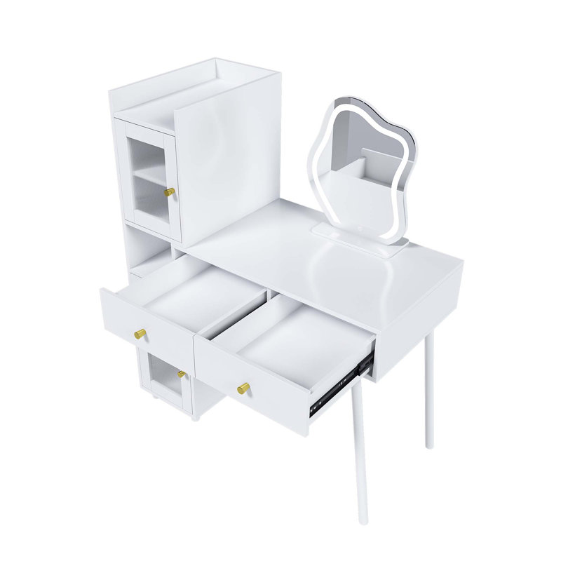 Coiffeuse avec miroir à DEL et rangement - Le bureau de maquillage blanc comprend 3 tiroirs, 2 tablettes ouvertes et 4 armoires cachées - 3 modes d'éclairage réglables - idéal pour la chambre à coucher ou le salon
