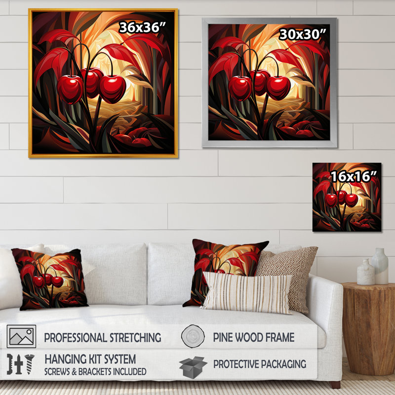 Summer Cherries Cubic Design II - Art mural cerise, Cadre flottant blanc, H 30 po x l 30 po x P 1,5 po