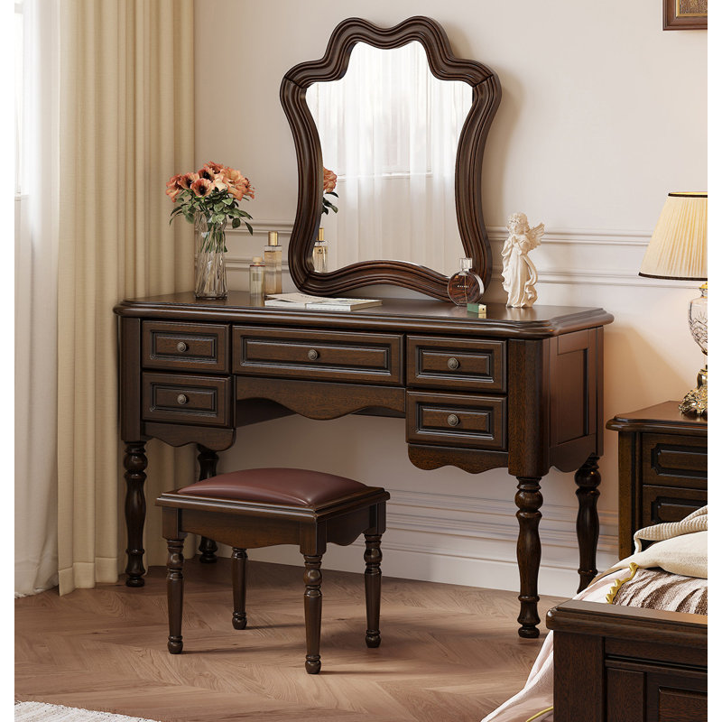 Vintage Solid Wood Vanity Table With Multiple Compartment Drawers Spacious Tabletop And Matching Solid Wood Stool