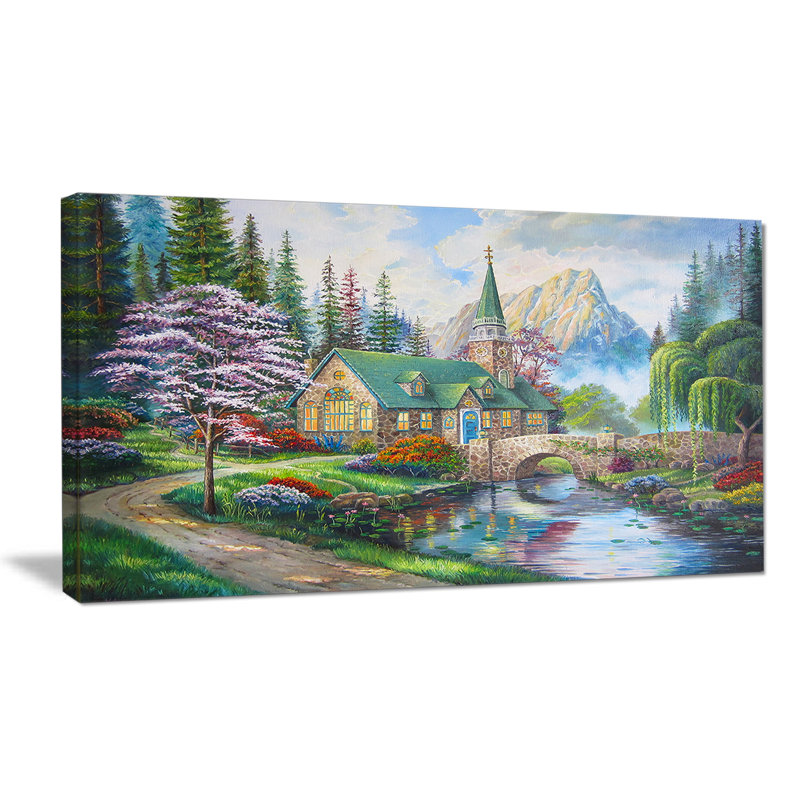 Église en forêt, H 16 po x l 32 po x p 1 po, Toile tendue
