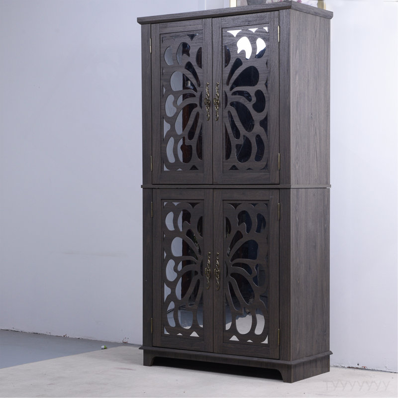 Display Sideboard Buffet With 4 Acrylic Mirrored Doors, Adjustable Shelves Storage Cabinet For Kitchen, Living Room, Bedroom Cabinet, MDF Dark Brown Finish