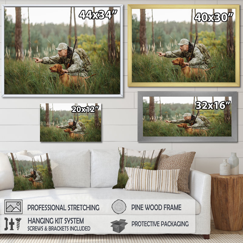 Motif de chasse au chien révélée sur toile, Cadre simple noir, H 16 po x l 32 po x P 1 po