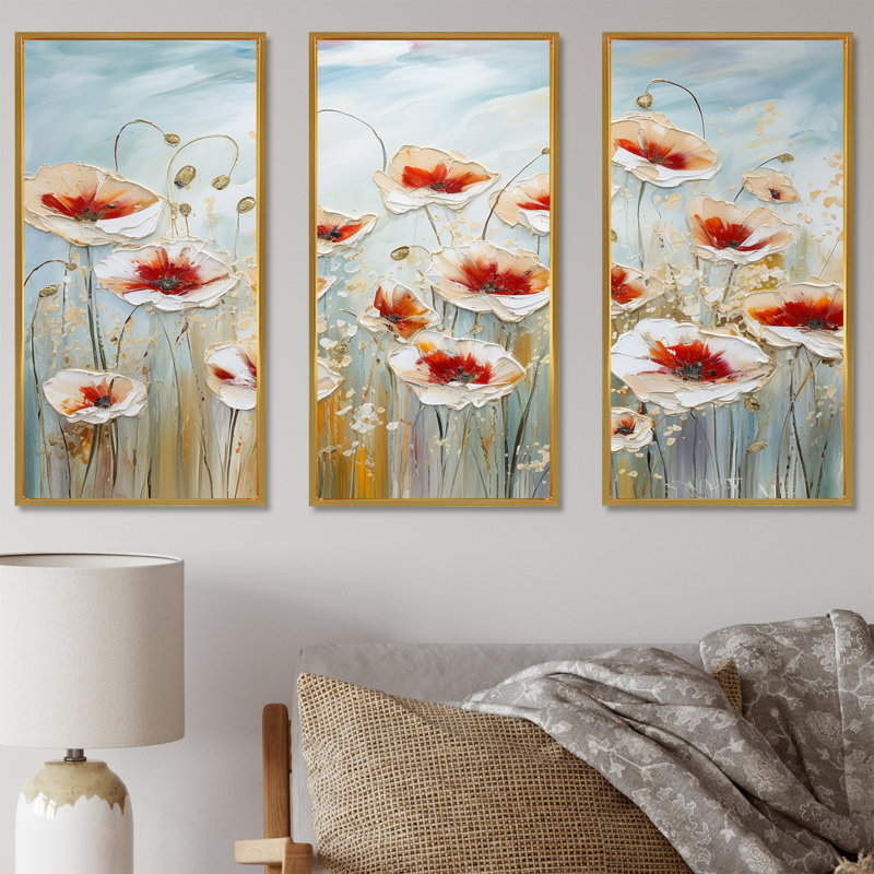 Ensemble de salon mural coquelicots rouges et gris, Cadre flottant doré, H 40 po x l 60 po x P 1 po