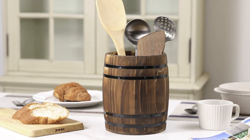Dark Gray Wine Barrel Design Kitchen Utensil Crock, Wooden Cooking Tool Holder