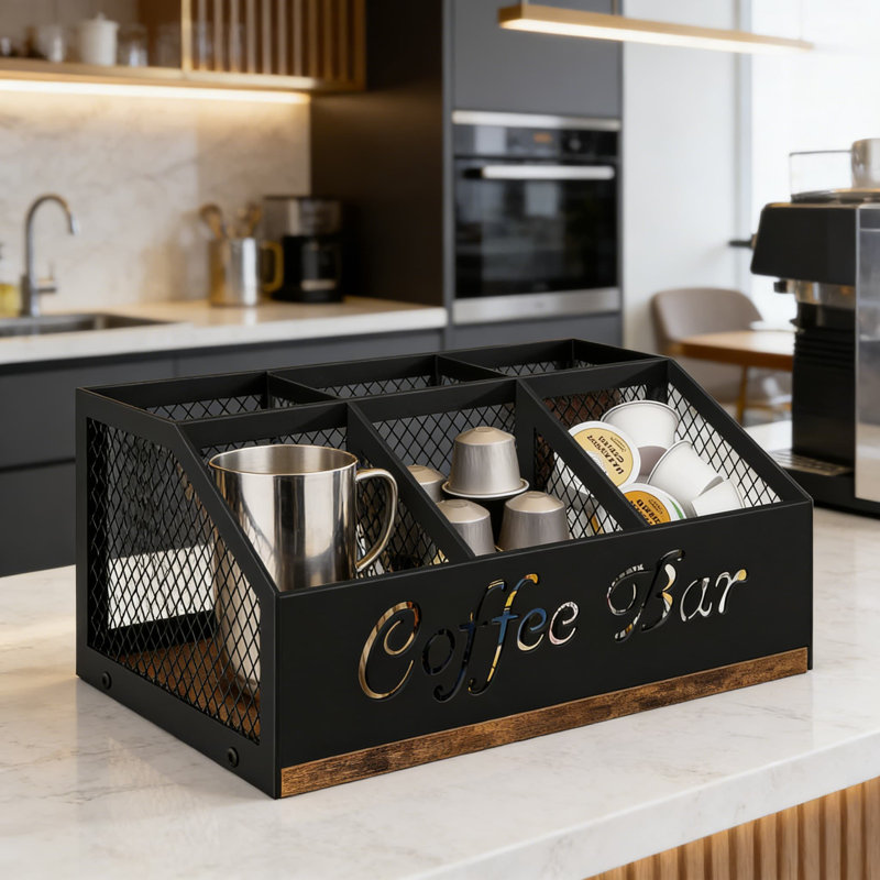 Organisateur de station de café avec compartiments en filet métallique, rangement de comptoir en bois rustique pour dosettes de café, tasses à café, sirop, tasses et accessoires de thé