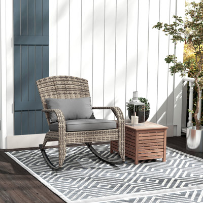 Outdoor Wicker Adirondack Rocking Chair With High Back, Seat Cushion, And Pillow For Garden, Porch, Balcony, Gray