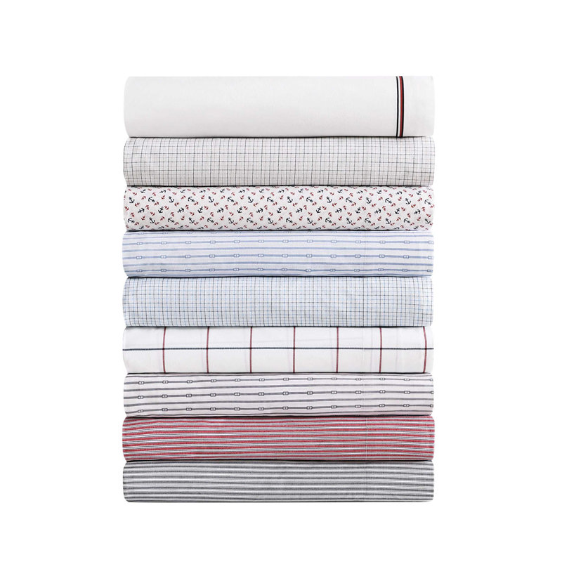 Tommy Hilfiger Printed Percale Cotton Sheet Set, King Sheet Set with 2 Pillowcases, New England Plaid Beige