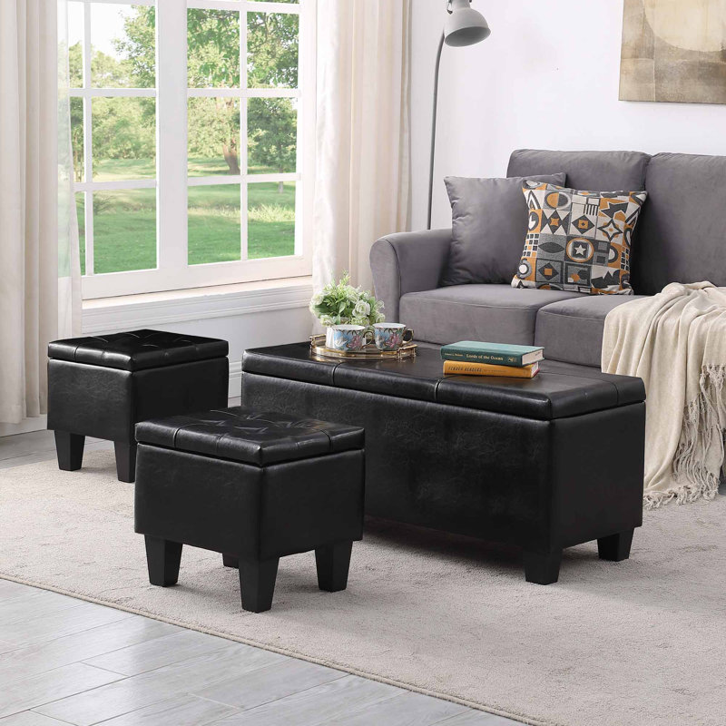 Repose-pieds de rangement rembourré 3 pièces Deiara, Tissu noir
