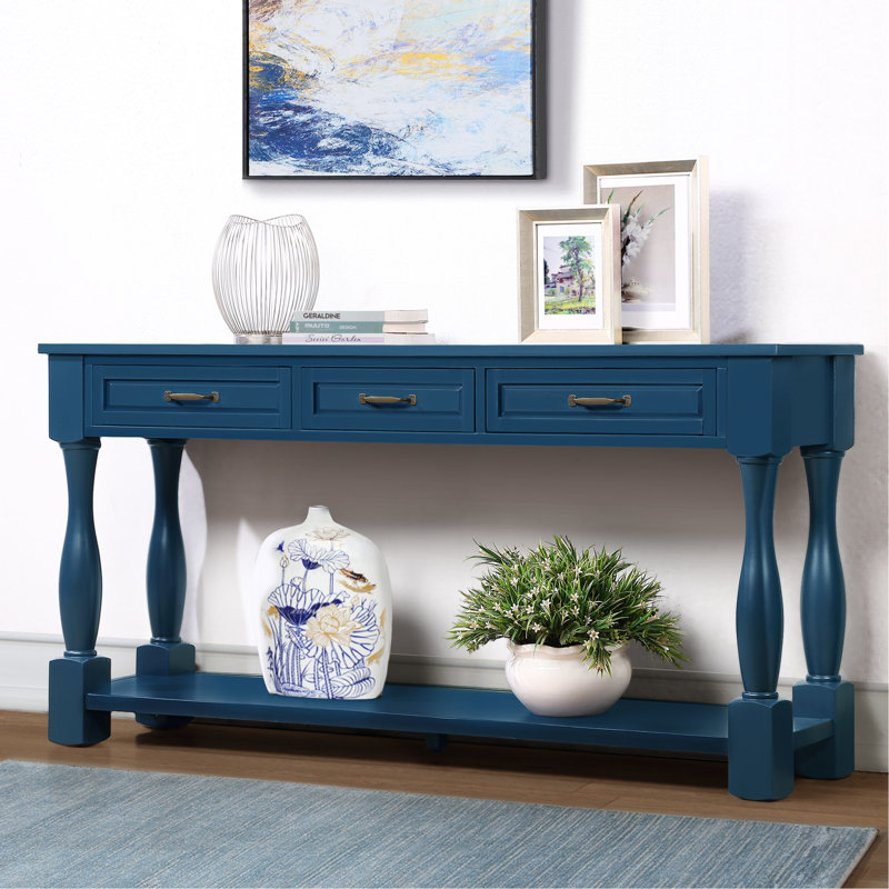 Console en bois de 63 pouces de long avec 3 tiroirs et 1 tablette inférieure pour le couloir d'entrée - canapé à assemblage facile (bleu marine)