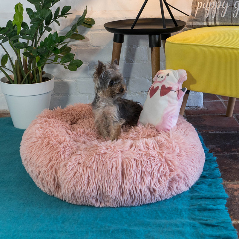 Pink Fluffy Calming Donut Pet Bed with Toy