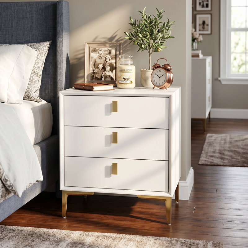 3 - Drawer Nightstand With Metal Legs, White