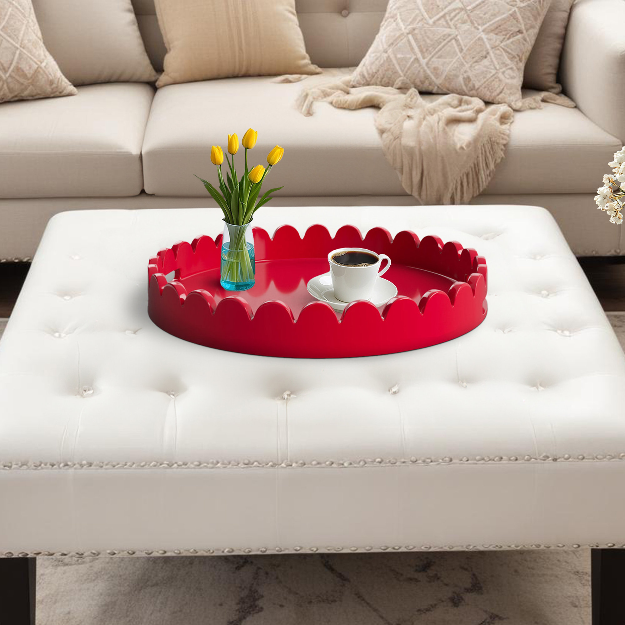 Effa Hand-Crafted Round Scalloped Wood Tray, Fire Truck Red