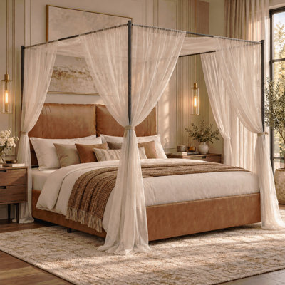 Queen Size Canopy Bed Frame, Faux Leather Upholstered Bed with Metal Frame, Four Poster Platform Bed - Rustic Brown