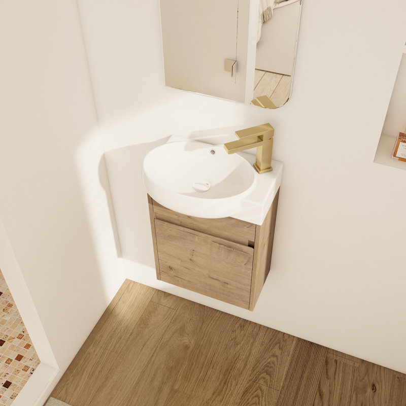 Petit meuble-lavabo de salle de bain 16 pouces - Fixation murale compacte, portes à charnières à fermeture en douceur, lavabo en céramique