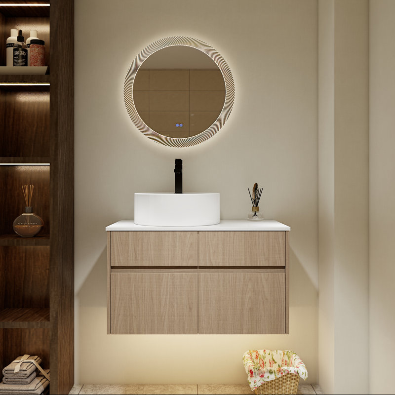 32" Wall-Mounted Bathroom Vanity with Ceramic Sink and Soft-Close Doors, Smoked Walnut