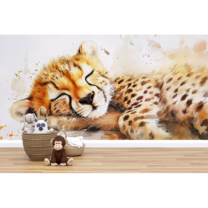 Papier peint à l'aquarelle de bébé guépard qui dort, L 96 po x l 60 po, Non tissé
