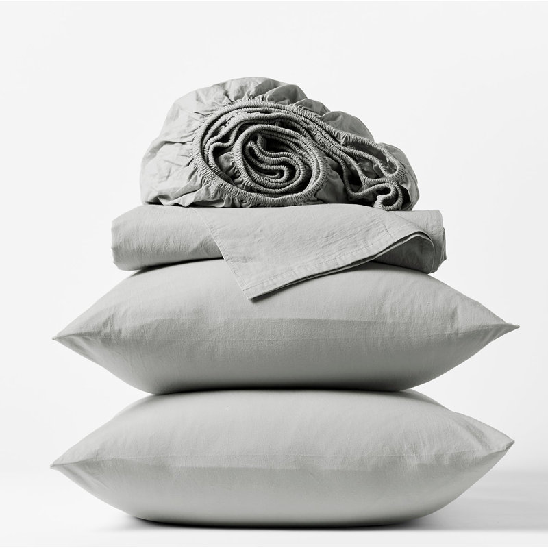 Organic Crinkled Percale 100% Cotton Percale Sheet Set, Pewter, Queen Sheet Set with 2 Pillowcases
