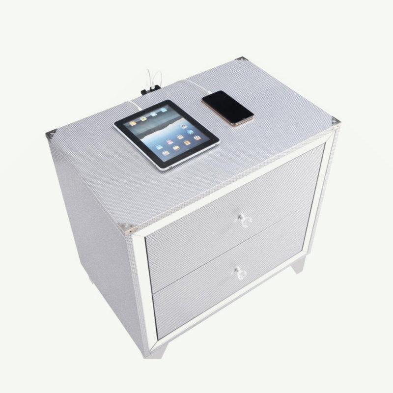 Table de chevet 2 tiroirs avec accents scintillants, argent