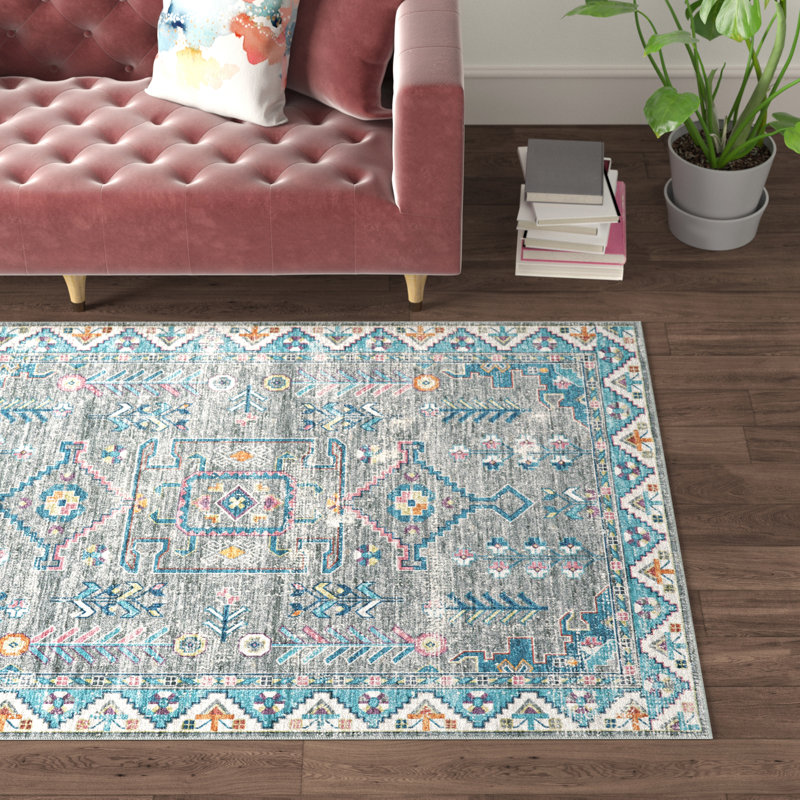 Tapis gris et vert lavable tissé à la machine Ducote, Rectangle 5 pi x 7 pi
