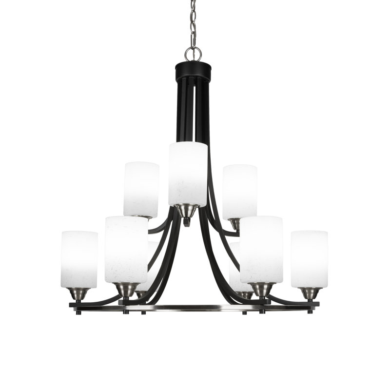 Michell Paramount 9 Light Uplight Chandelier Shown In Matte Black & Brushed Nickel Finish With 4" White Muslin Glass
