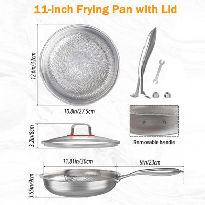 Poêle à frire antiadhésive de 28 cm (11 pouces) en acier inoxydable à 5 plis avec couvercle en verre