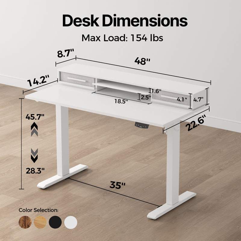 48" Electric Standing Desk With Drawers, Height Adjustable Desk With Retractable Storage Shelf, Stand Up Home Office Computer Table