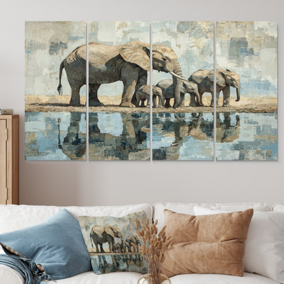 Elephant Family At The Watering Hole I - Elephant Animal Wall Art - Modern Wall Art For Living Room