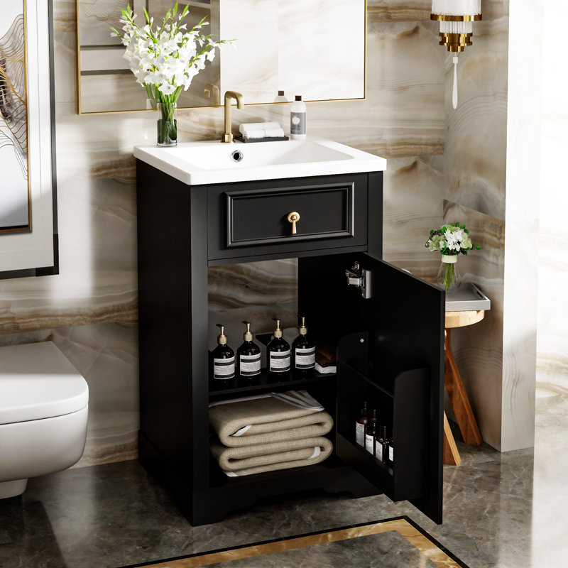 Bathroom Vanity With Ceramic Sink, Noir, noir, noir, noir, Doré