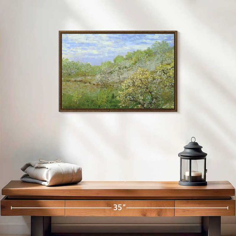 Pommiers en fleurs, 19 po x 13 po, Cadre flottant en noyer
