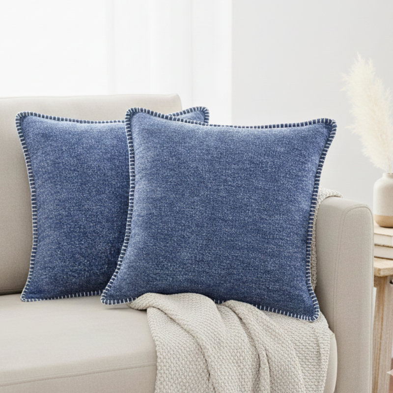 Housses de coussin en chenille douce avec bord cousu, 18 po x 18 po, Marine, Housse de coussin seulement - sans coussin