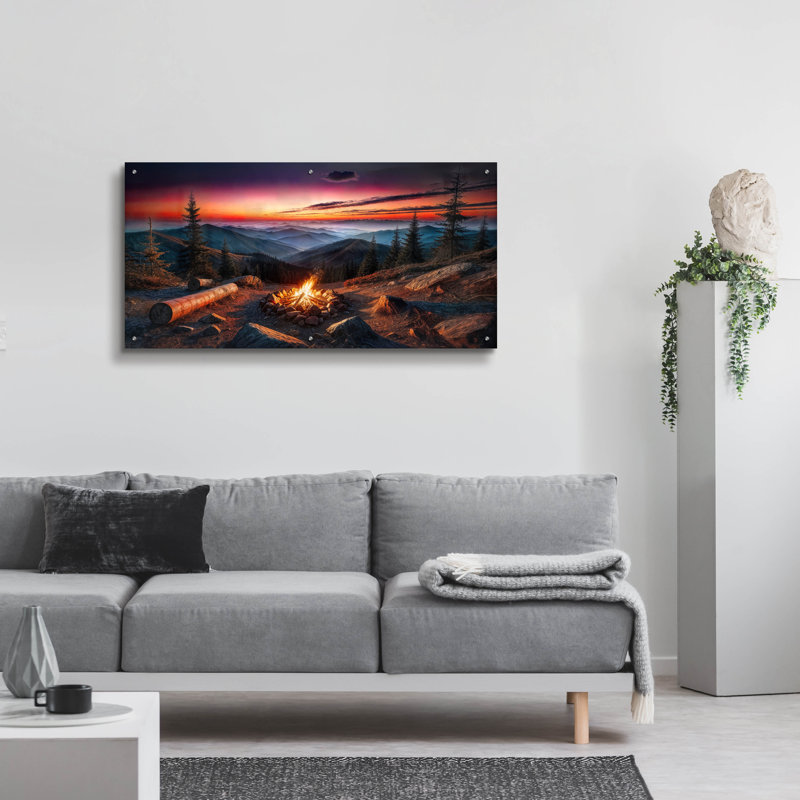  «Campfire In Mountains At Sunset» par Rey Klimt, art mural en verre acrylique, H 24 po x l 48 po