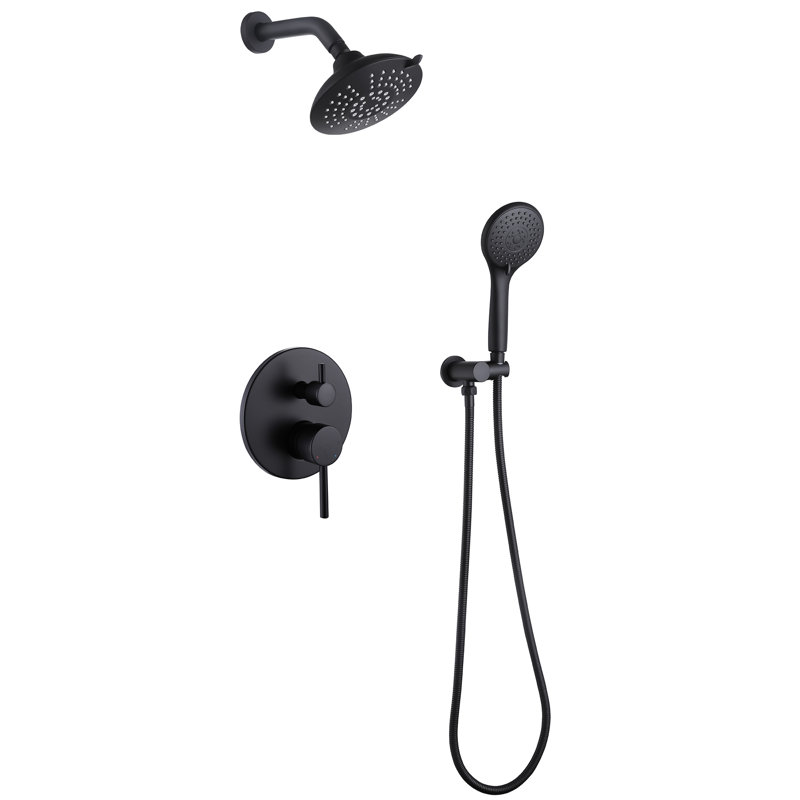 Modern 6"  Matte Black Complete Shower Combo Set, 5 Functions Solid Brass Shower Set with Rough-in Valve, Matte Black
